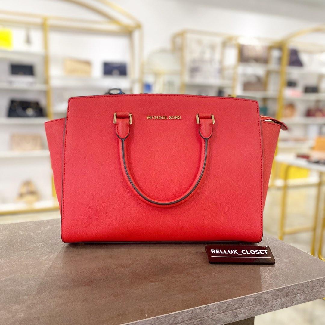 Red Studded Saffiano Leather Michael Kors Purse