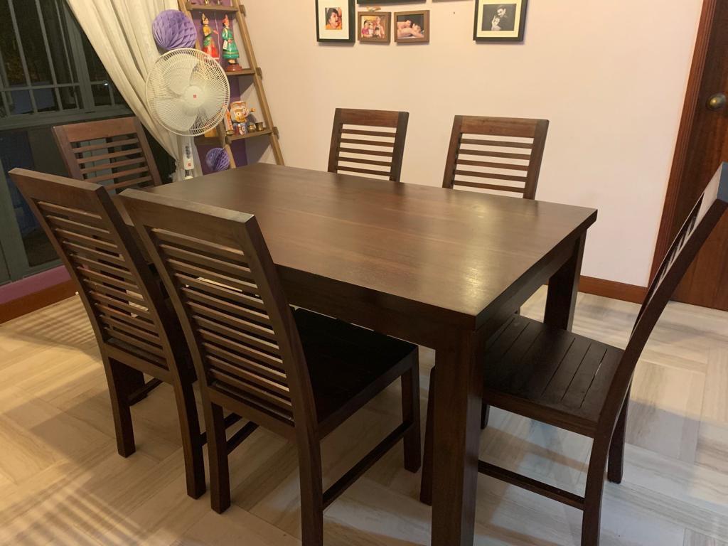Solid Teak wooden dining table + 6 Chairs, Furniture & Home Living