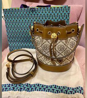 Authentic With Receipt Tory Burch T Monogram CHENILLE MINI BUCKET BAG NWT