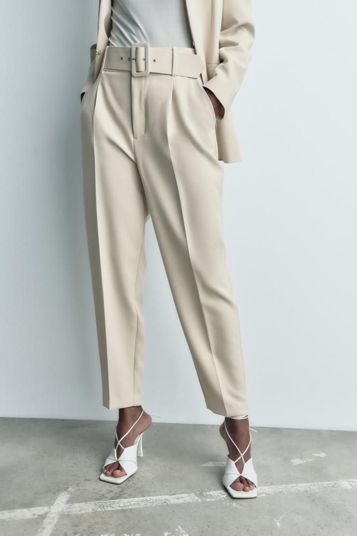 TROUSERS WITH LINED BELT - Beige