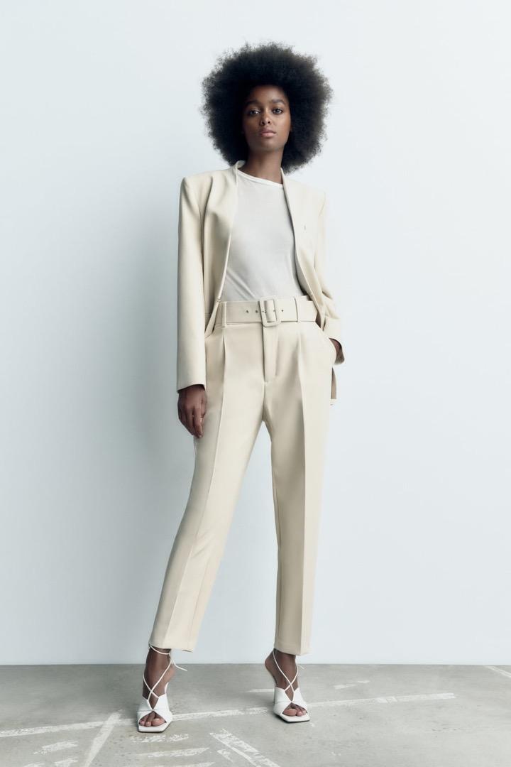 Zara - Trousers with Lined Belt (Colour: White), Women's Fashion