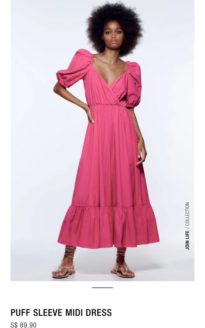 pink puff sleeve dress midi