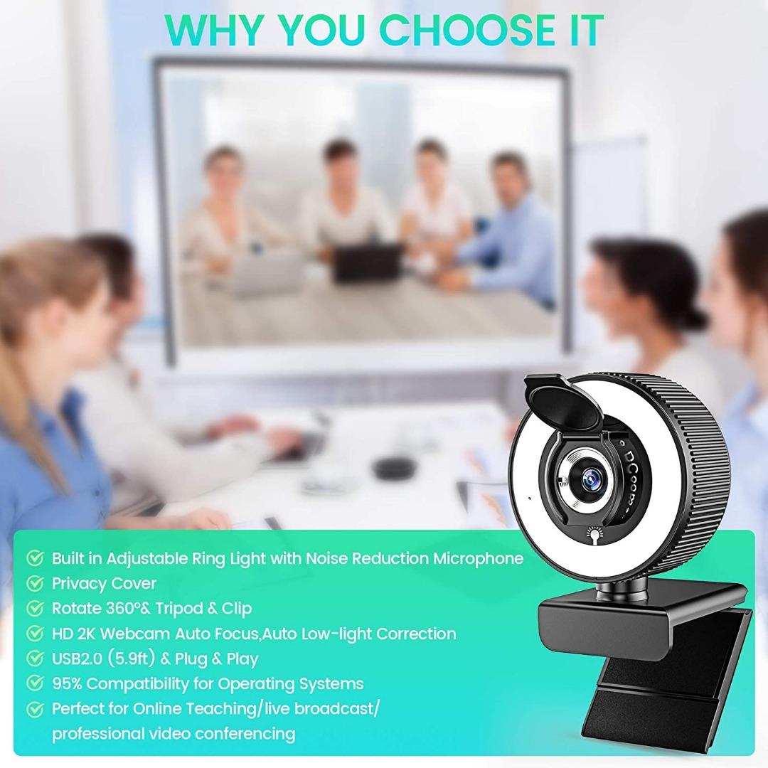 2K HD Webcam with Built in Adjustable Ring Light with Noise Reduction ...