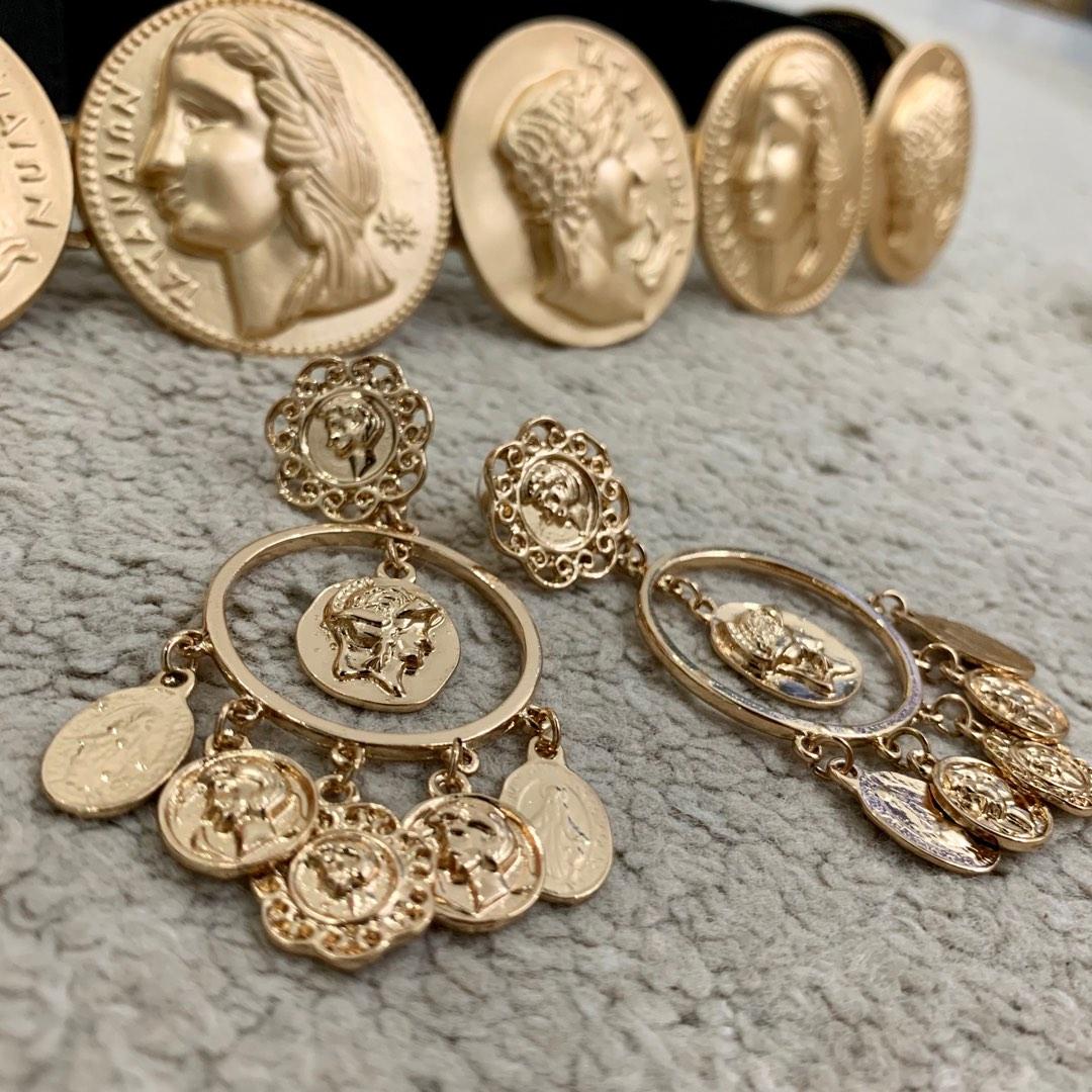 3pcs DG Inspired Baroque Style Gold Coin Belt, Headband  Earrings Set,  Women's Fashion, Watches  Accessories, Belts on Carousell
