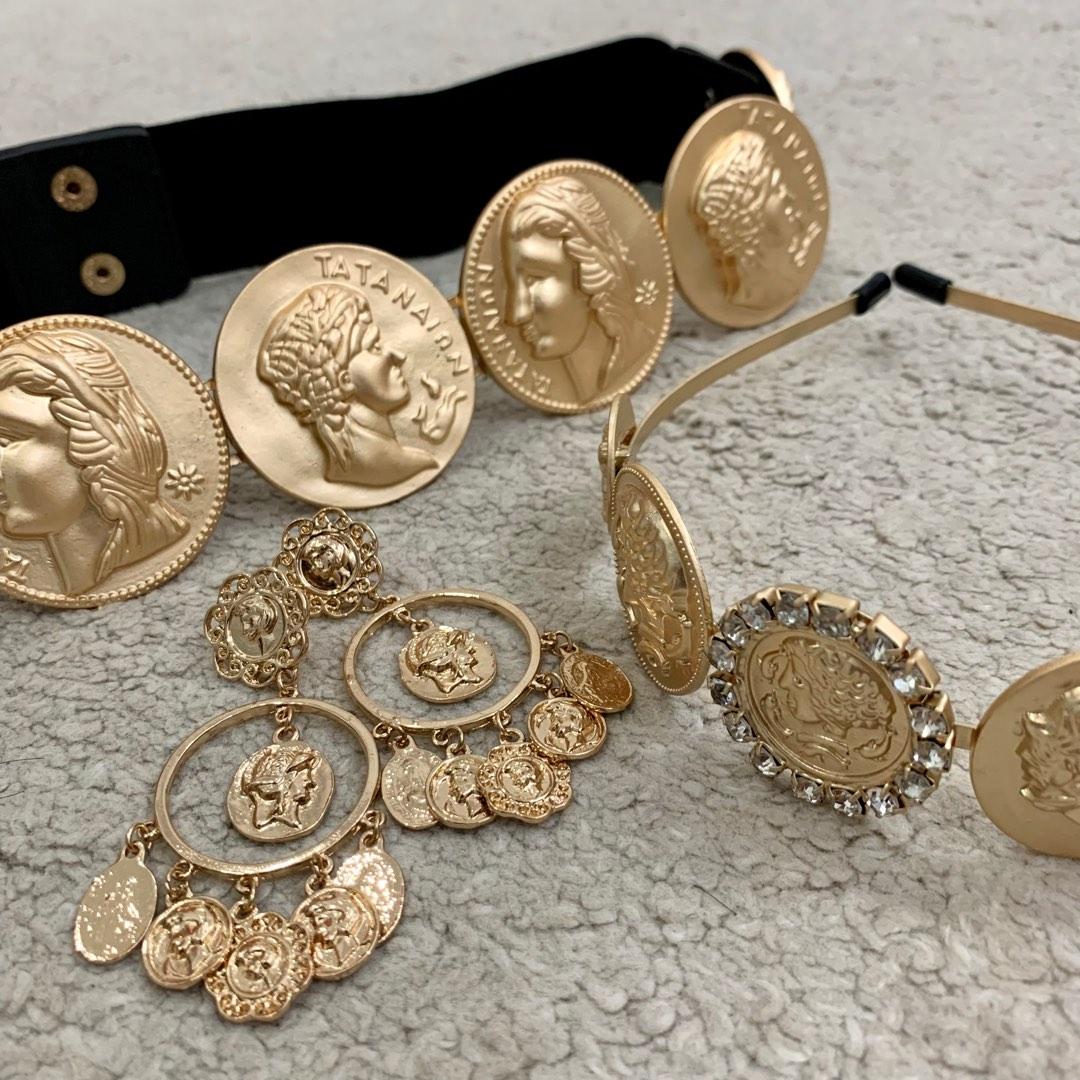 3pcs DG Inspired Baroque Style Gold Coin Belt, Headband & Earrings