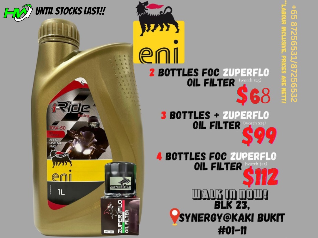 ENI I-RIDE RACING 10W 50 ENGINE OIL PROMO!!, Motorcycles, Motorcycle ...