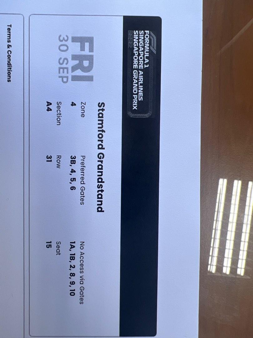 F1 2022 Singapore Grand Prix Stamford Grandstand Tickets, Tickets
