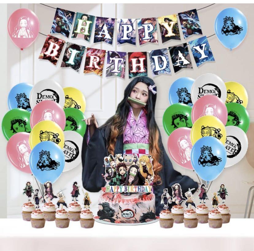 Demon Slayer Anime Theme Birthday Party Decor Set Banner Balloons Cake Top  Decor | eBay