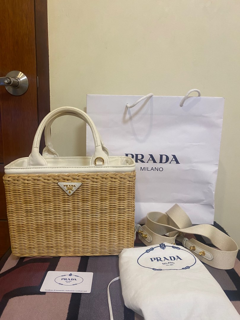 Prada wicker new arrivals and canvas handbag