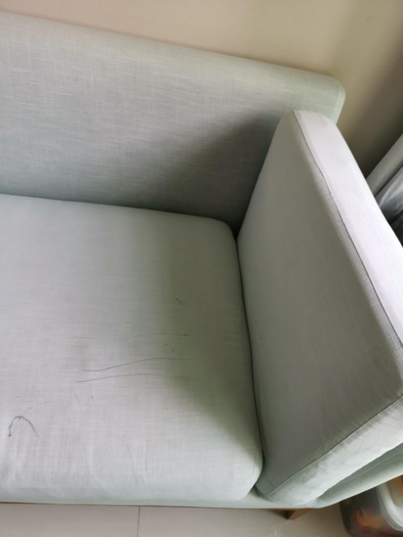 Preloved fabric sofa with solid wood base and legs, Furniture & Home