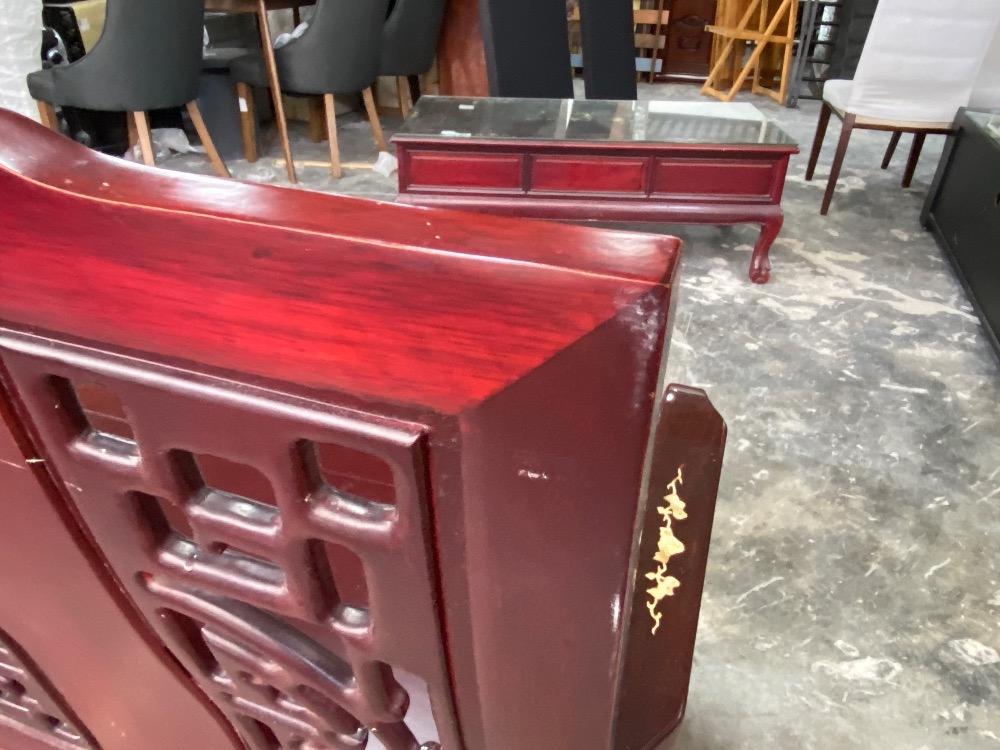 Set of Rosewood Mother of Pearl Red Fabric 3 Seater Sofa With
