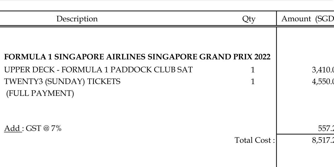 Singapore Formula 1 Grand Prix Race Ticket Turn 23 Twenty 3, Tickets & Vouchers, Event