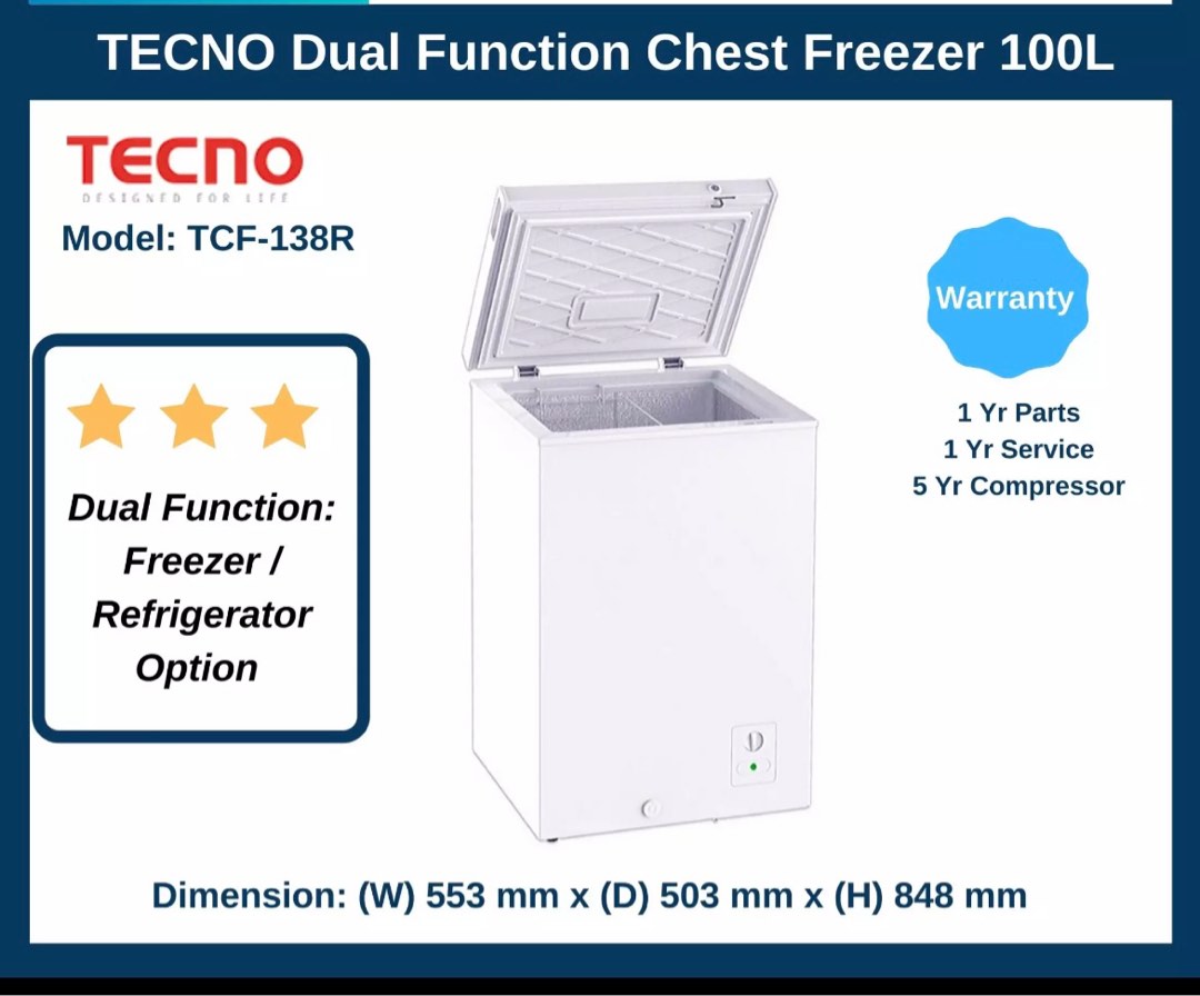 Tecno chest freezer 100L, backup freezer, TV & Home Appliances, Kitchen