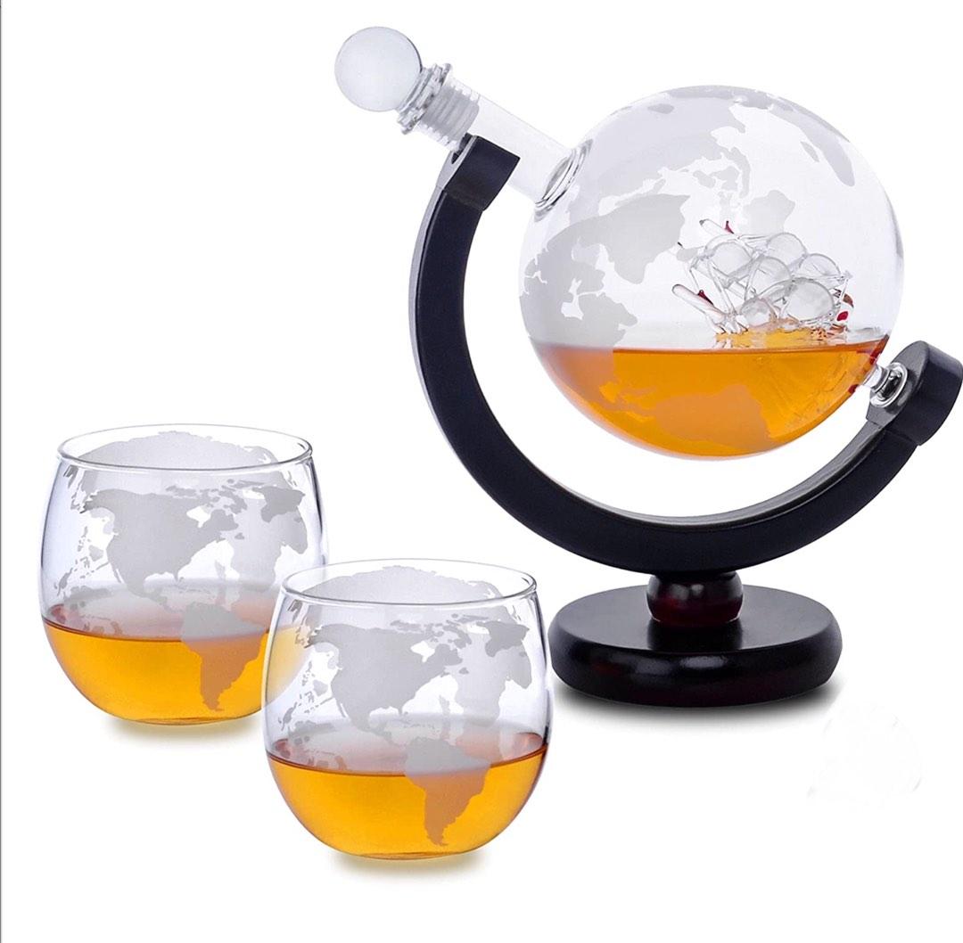 Whisky Decanter set World globe with 2 glasses, Furniture & Home Living