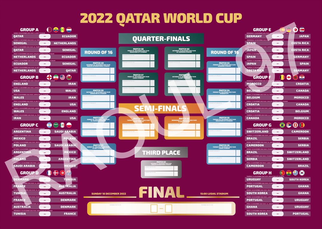 World Cup 2022 WallChart A3 Sports Equipment Sports Games Racket 