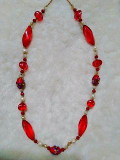50s Vintage Venetian Fiorato Wedding Cake Red Oval Beads Necklace with Real Pearls