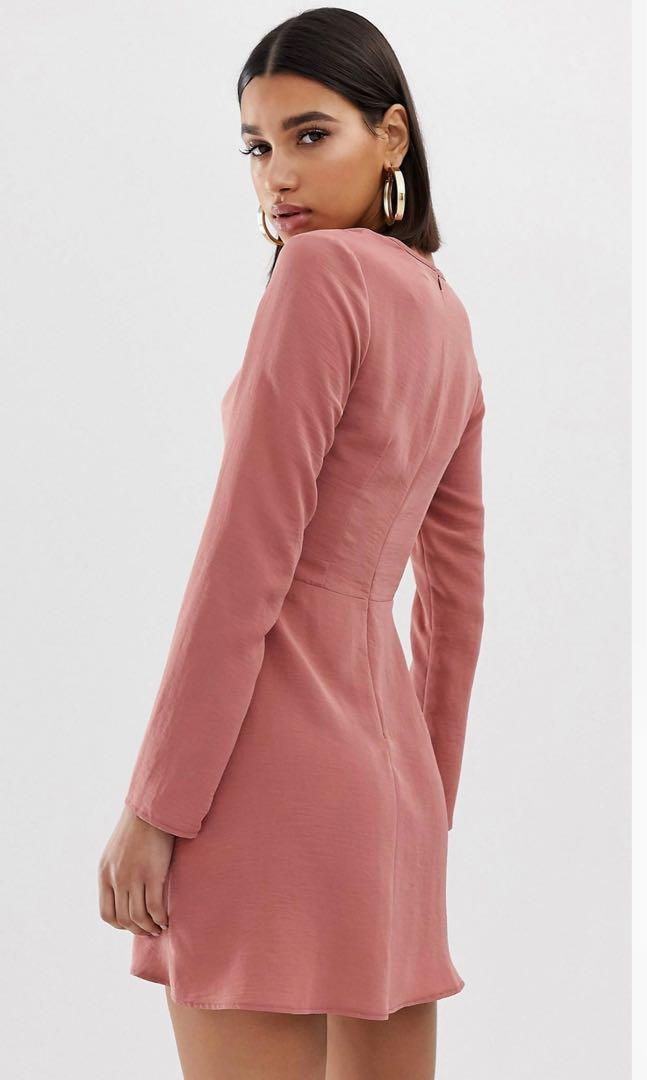 missguided pink long sleeve dress MISSGUIDED Long Sleeve Crochet Mini Dress Pink Open Knit Bodycon Party Cocktail Tie Back Detail Casual Day Evening Wear,M