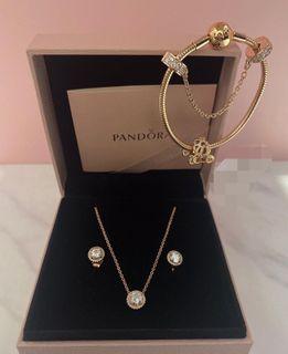 ⭐BIG SALE⭐PANDORA AUTHENTIC ROSEGOLD ROUND NECKLACE AND STUD EARRINGS SET--2800/ ROSEGOLD MOMENTS BRACELET with CINDERELLA CARRIAGE AND SAFETY CHARM SET-5000