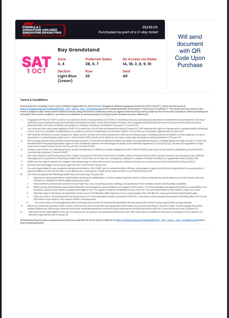 F1 2022 Saturday Ticket Bay Grandstand, Tickets & Vouchers, Event