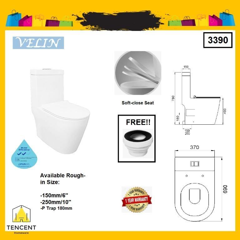 (!FREE DELIVERY!) VELIN 3390 Rimless One Piece Toilet Bowl with Geberit