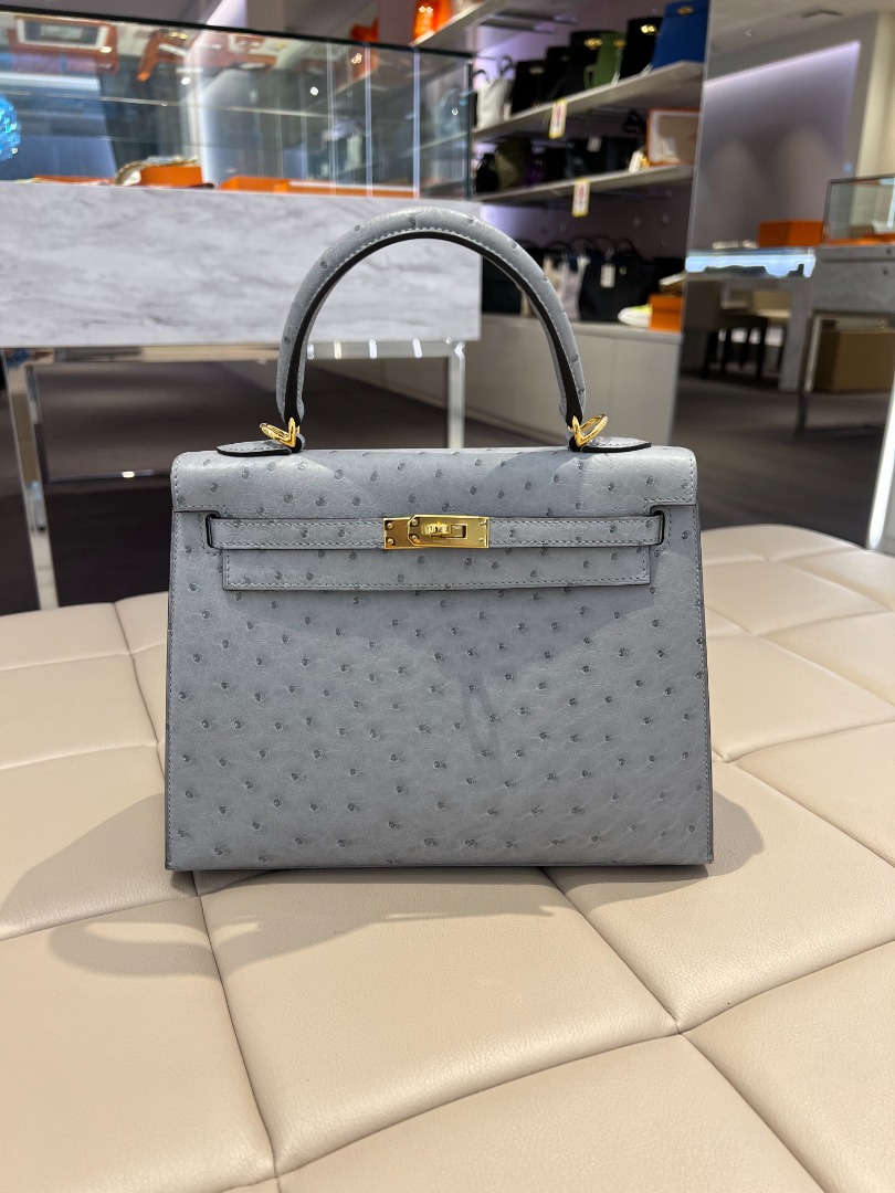 HERM S Kelly 25 Sellier Bleu Glacier Ostrich leather GHW Luxury