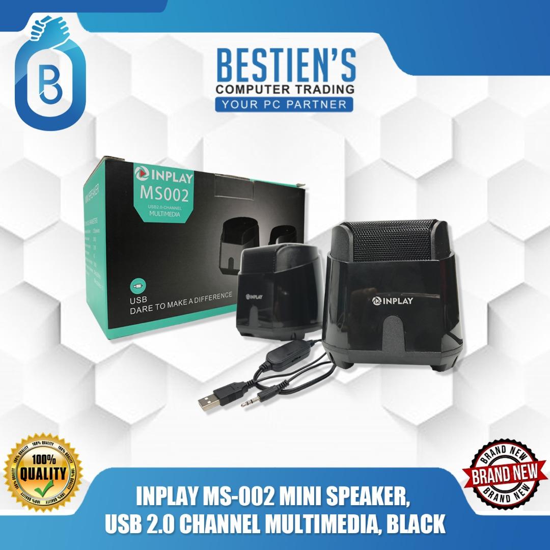 INPLAY MS-002 MINI SPEAKER, USB 2.0 CHANNEL MULTIMEDIA, BLACK (Category: Soundbars, Speakers & Amplifiers) located in Quezon City. Submitted by besteinpc (Listing ID 1048138862, Image 1). Description: INPLAY MS-002 MINI SPEAKER, USB 2.0 CHANNEL MULTIMEDIA, BLACK Technical Parameters 👉 Speaker system: 2.0 speakers 👉 Rated power: 3WX2 👉Maximum power: 3.5w 👉Impedance: 4Q 👉Signal to noise ratio: 58dB 👉Frequency response: 20Hz-20KHz 👉Distortion