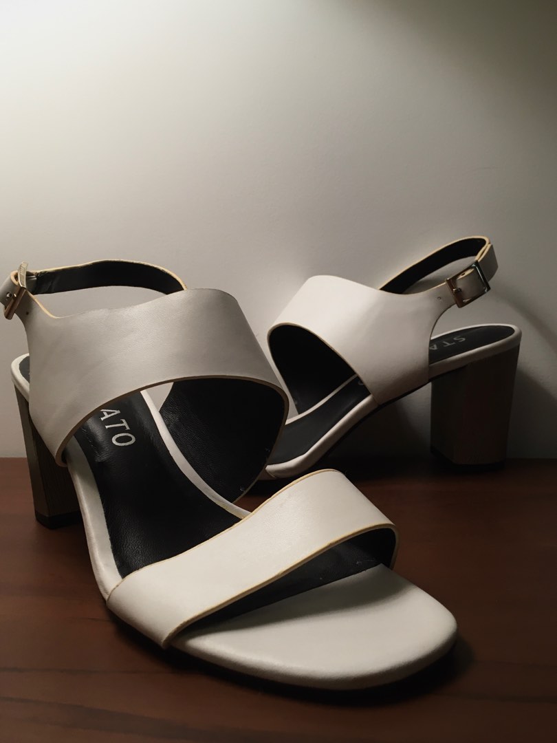 Staccato Block Heel White Leather Sandals, Women's Fashion, Footwear