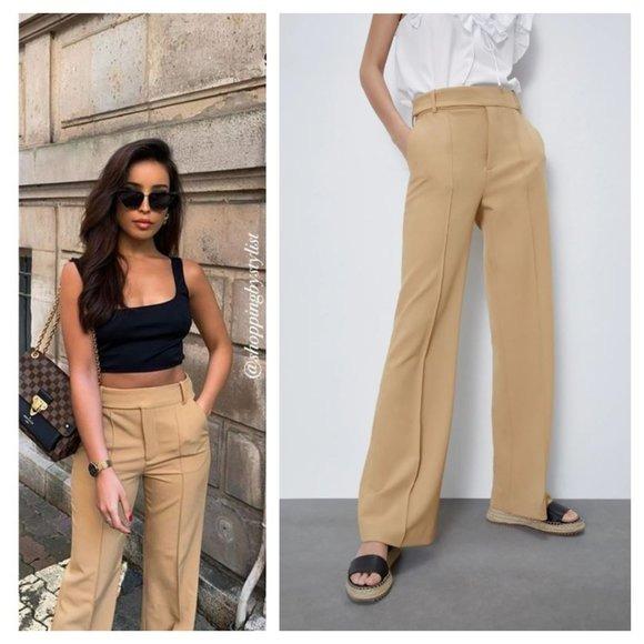 Zara High Waist Seamed Beige Trousers