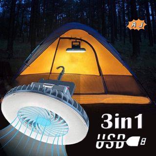 3 IN 1 Camping Fan with Light Rechargeable Tent Lamp with Hook Portable Outdoor Cooling Fan