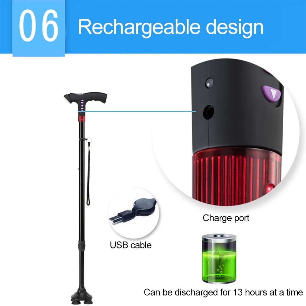 Adjustable LED Walking Stick for The Elderly Outdoor Cane FM Radio MP3