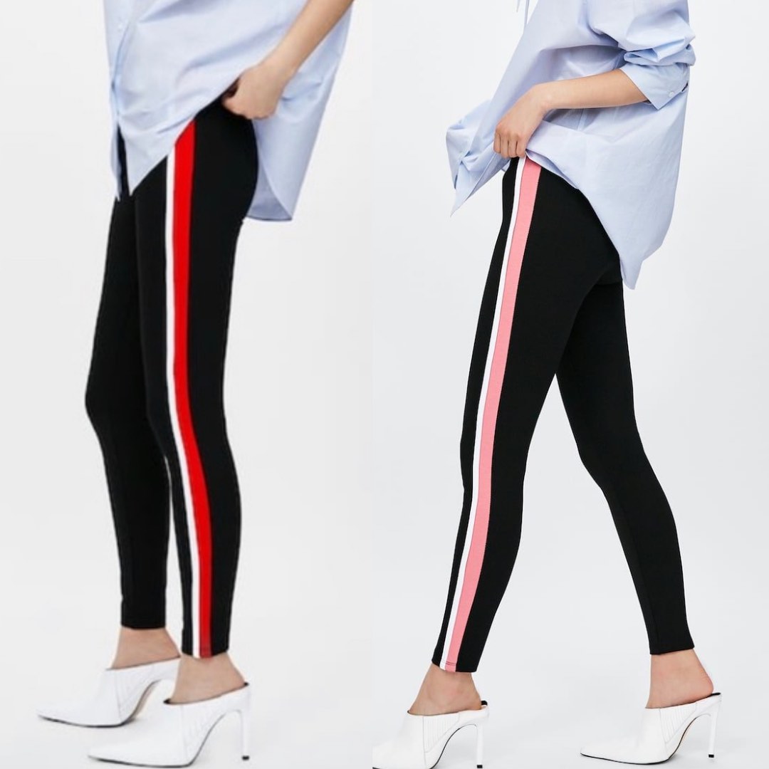 ZARA Black Trousers Side Stripe Pants Black White Pink SIZE L #4319B | eBay
