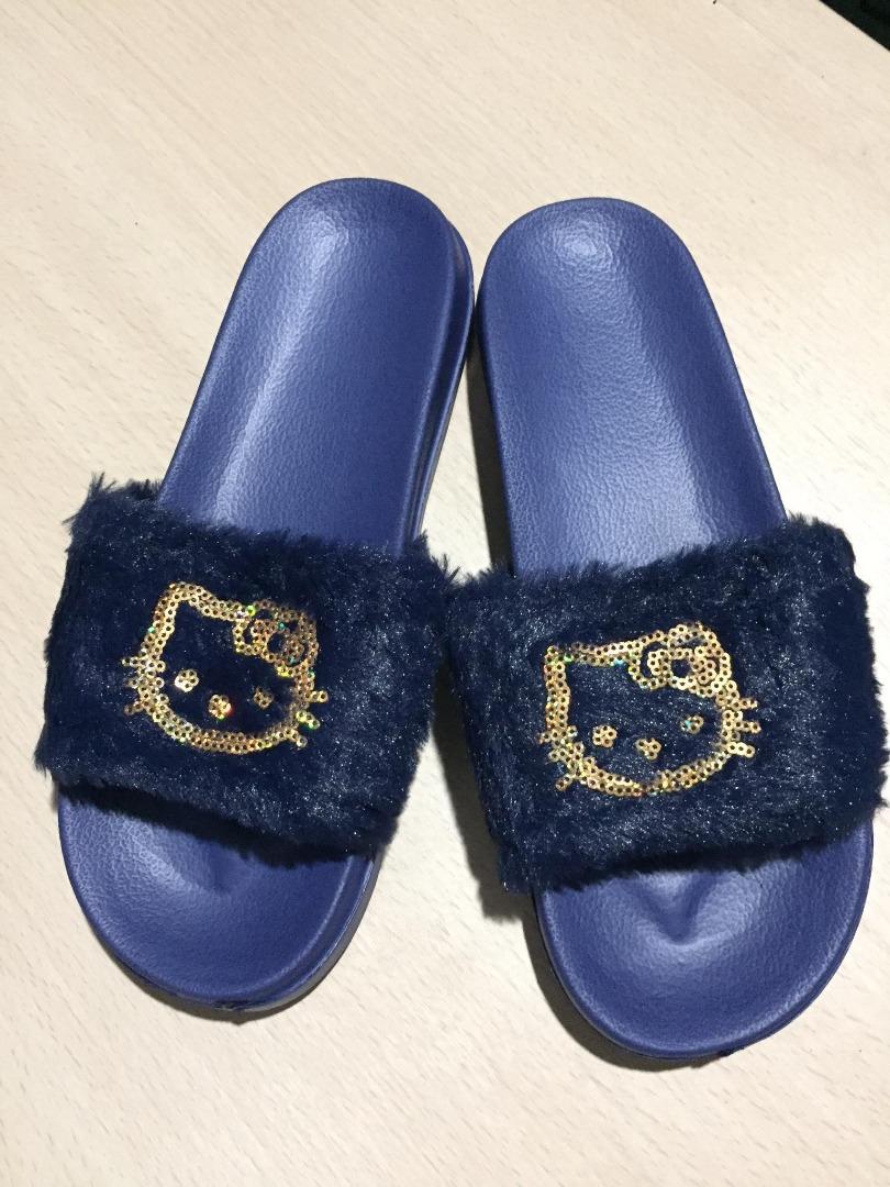 Brand New FLUFFY HELLO KITTY SLIPPERS Dark Blue Size 39 41 adult Women s Fashion Footwear Flats Sandals on Carousell