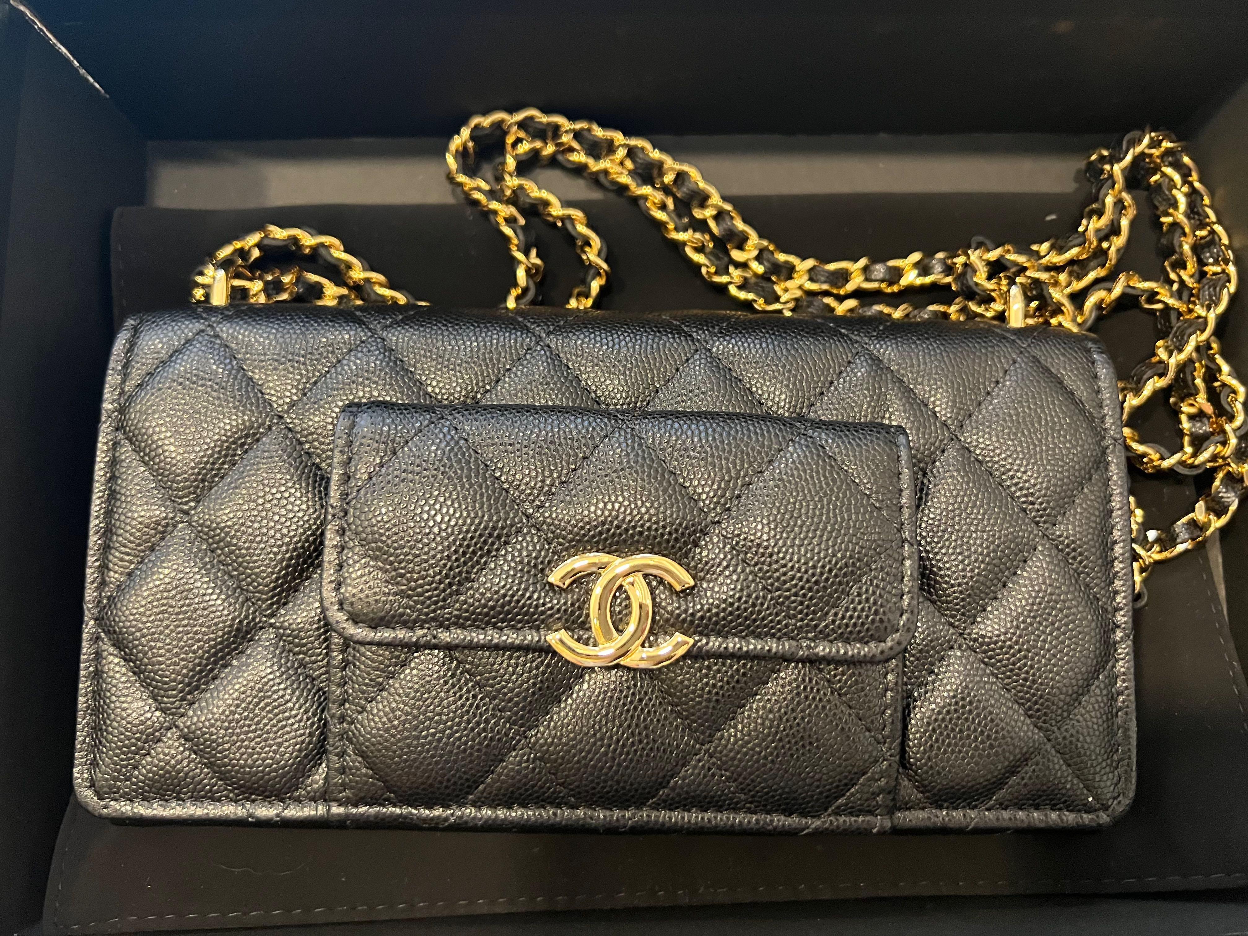 Chanel flap wallet on chain WOC caviar black gold, Luxury, Bags & Wallets  on Carousell