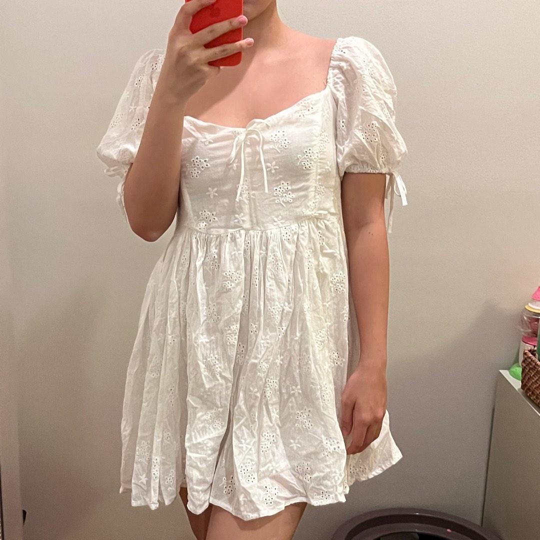 Dainty Eyelet Puff Sleeve Cream Floral Cottagecore White Off Shoulder Mini Dress Shirred Park ...