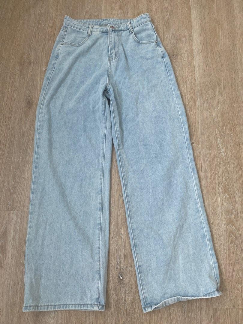 light blue denim wide leg straight cut baggy jeans, Women's Fashion