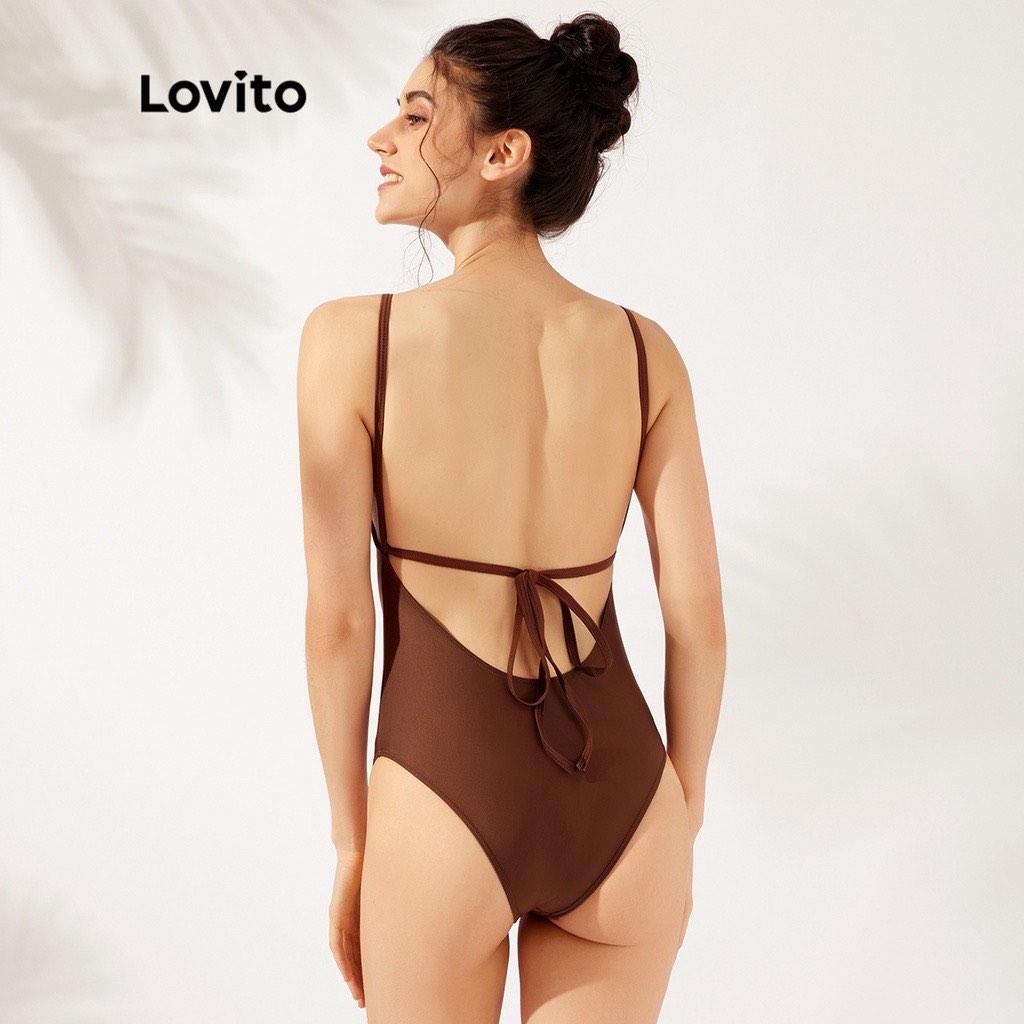 Lovito One Piece Plain Backless Swimsuit In Chocolate Brown Xl Womens Fashion Swimwear 