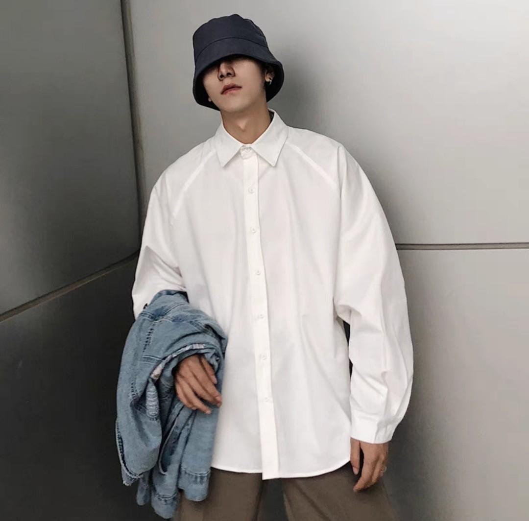 Shirt white black Korean style shirt oversized shirt men women shirt punk shirt long sleeve shirt size M 2XL