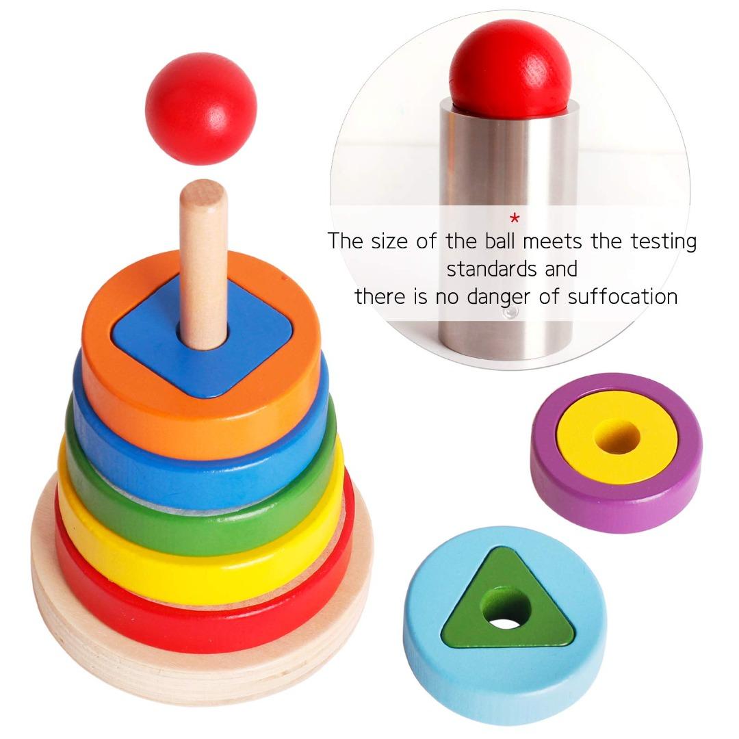Montessori Wooden Rainbow Tower Sorting Stacking Rings Building Puzzles ...