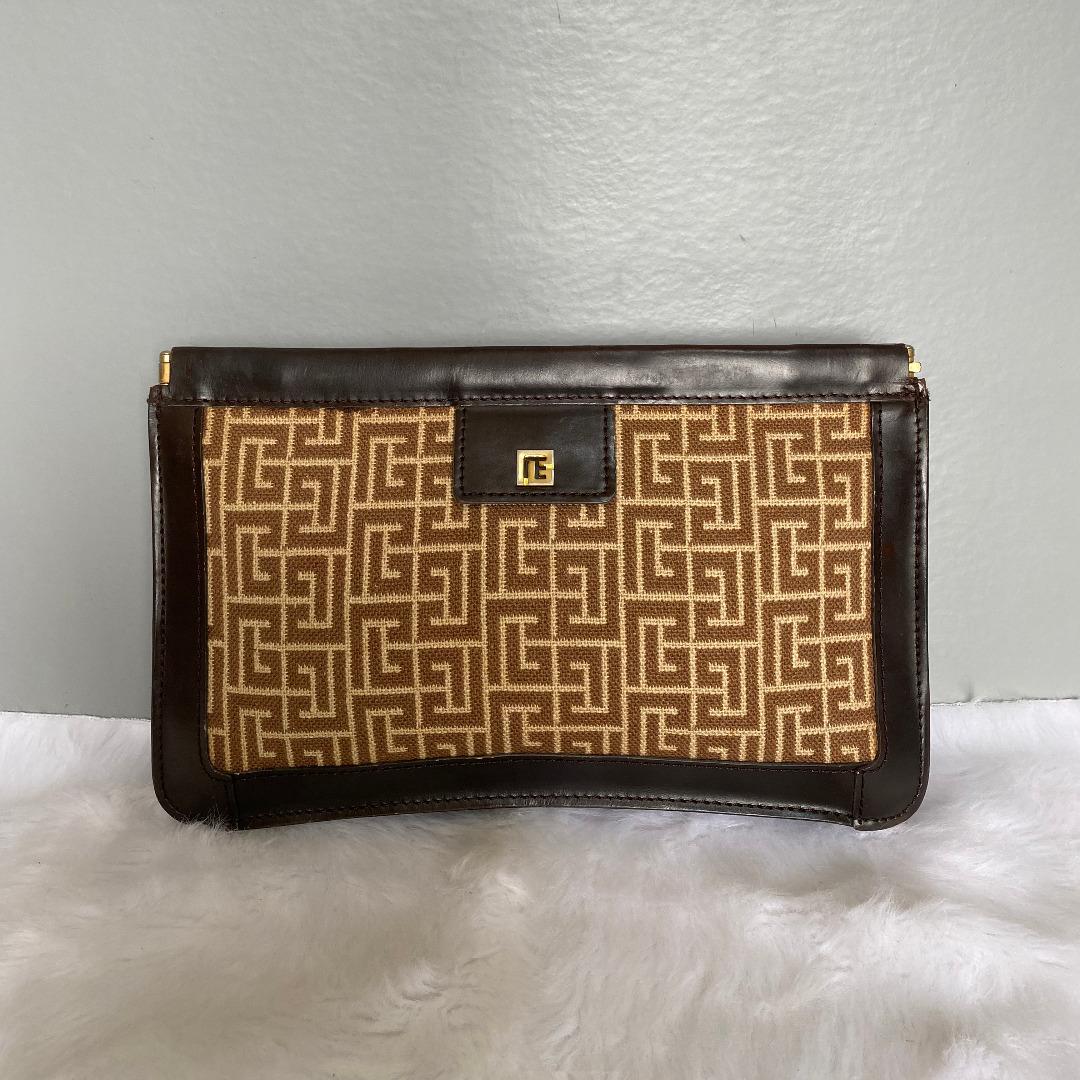 Pierre Balmain Vintage Brown Monogram Canvas Leather Clutch Bag