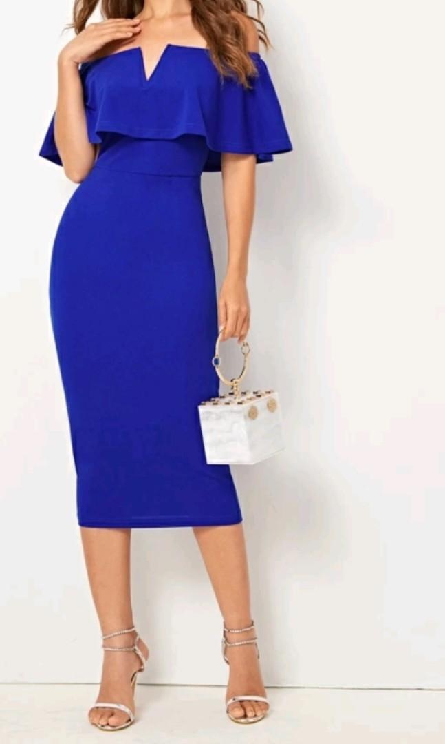 8454 Royal Blue Ruffle Off-Shoulder Dress main image 1
