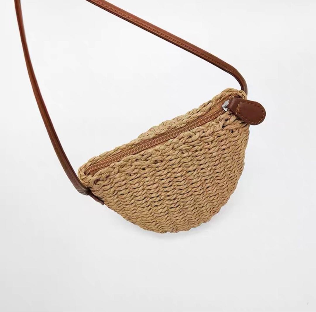 Crystal Bee Straw Crossbody Bag with Bamboo Handle
