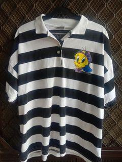 Vintage 90s Looney Tunes Tweety Birdy Rugby Polo Shirt Short Wide Boxy Fit