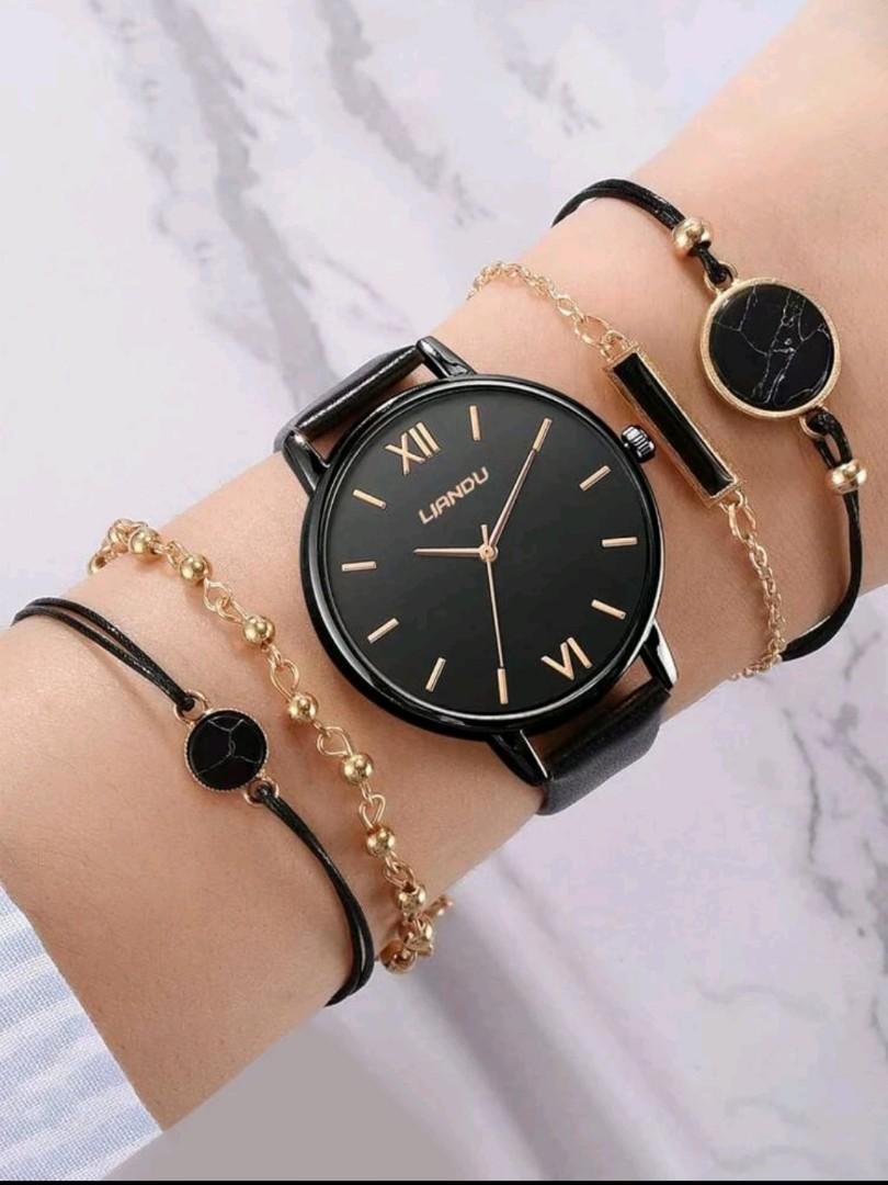 Women Liandu 1PC Round Pointer Quartz Watch With 4PCS Jewelry Set