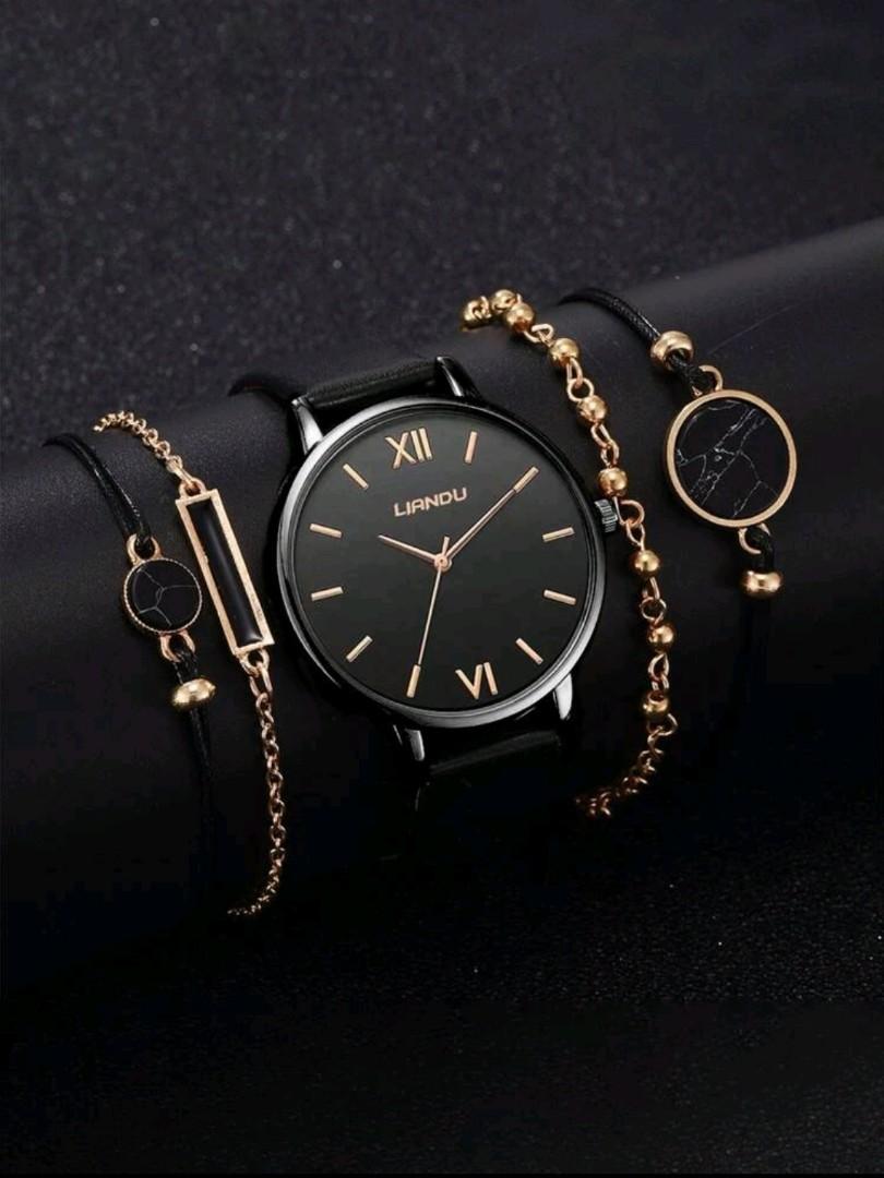Women Liandu 1PC Round Pointer Quartz Watch With 4PCS Jewelry Set