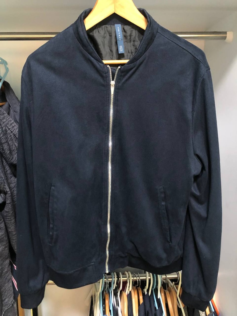 Zara Navy Suede Bomber Jacket, Men's Fashion, Coats, Jackets and ...