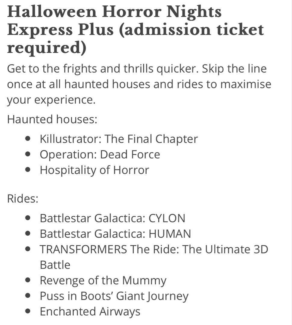 1 x USS Halloween horror nights ticket + express plus, Tickets