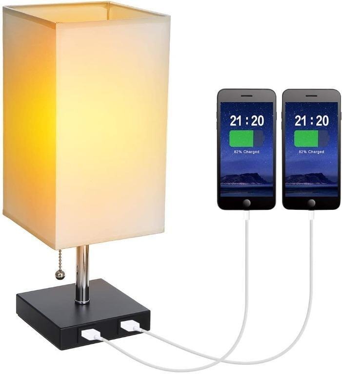 Gray Square Fabric Shade Bedside Table Lamp, Pack Of 2 - Retro Solid Wood Base, 12.6" H - View #11