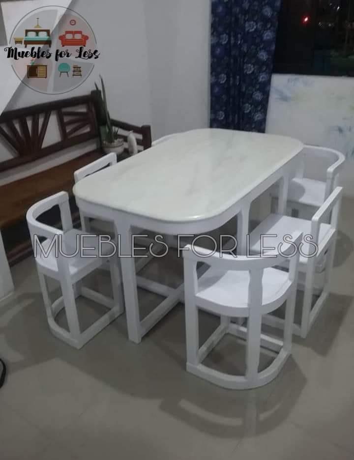 6 Seater Marble Top Dining Set (Category: Tables & Sets) located in Manila. Submitted by m4less (Listing ID 1187893102, Image 1). Description: Available for COD! Marble top 6 seater space-saver dining set Durable solid wood (51.2 x 31.5 x 29.5 inches) •Natural wood •Black •White •Walnut Delivery rate depends on your location. Free installation with 6 mos warranty DM us your order.