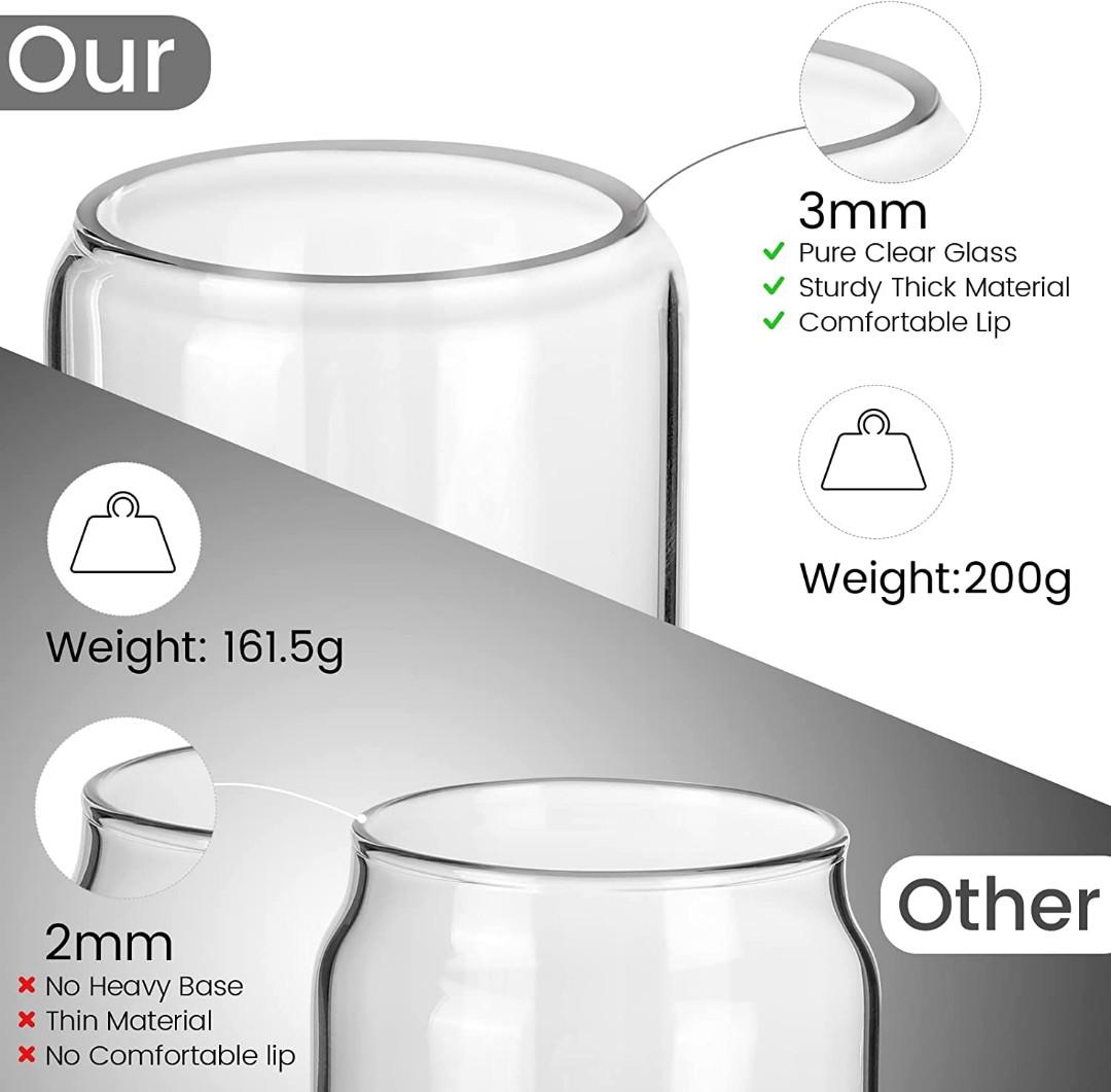 Combler 16oz Drinking Glasses Set of 4, Glass Cups with Lids and Straws,  Clear Can Shaped Glass Cups, Coffee Cups for Gifts 