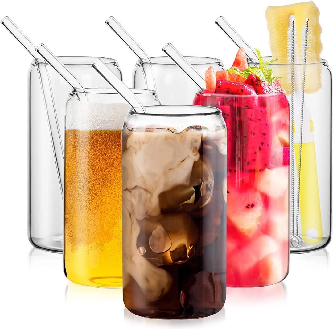 6pcs Set Glass Cups with Bamboo Lids and Glass Straw - Beer Can Shaped  Drinking Glasses, 16 oz Iced Coffee Glasses, Cute Tumbler Cup for Smoothie,  Boba Tea, Whiskey, Water - 2